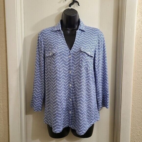 J. McLaughlin Brynn Linen Blue Printed Button Up Shirt M - Picture 1 of 8
